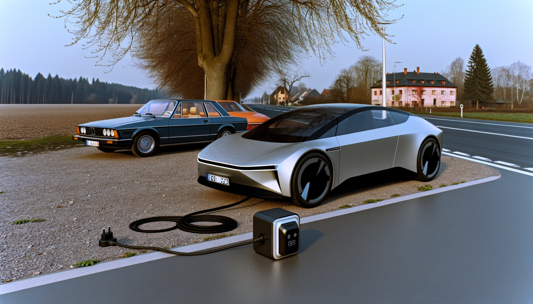 Futuristisk elbil oplades ved vejkant med klassiske biler i baggrunden