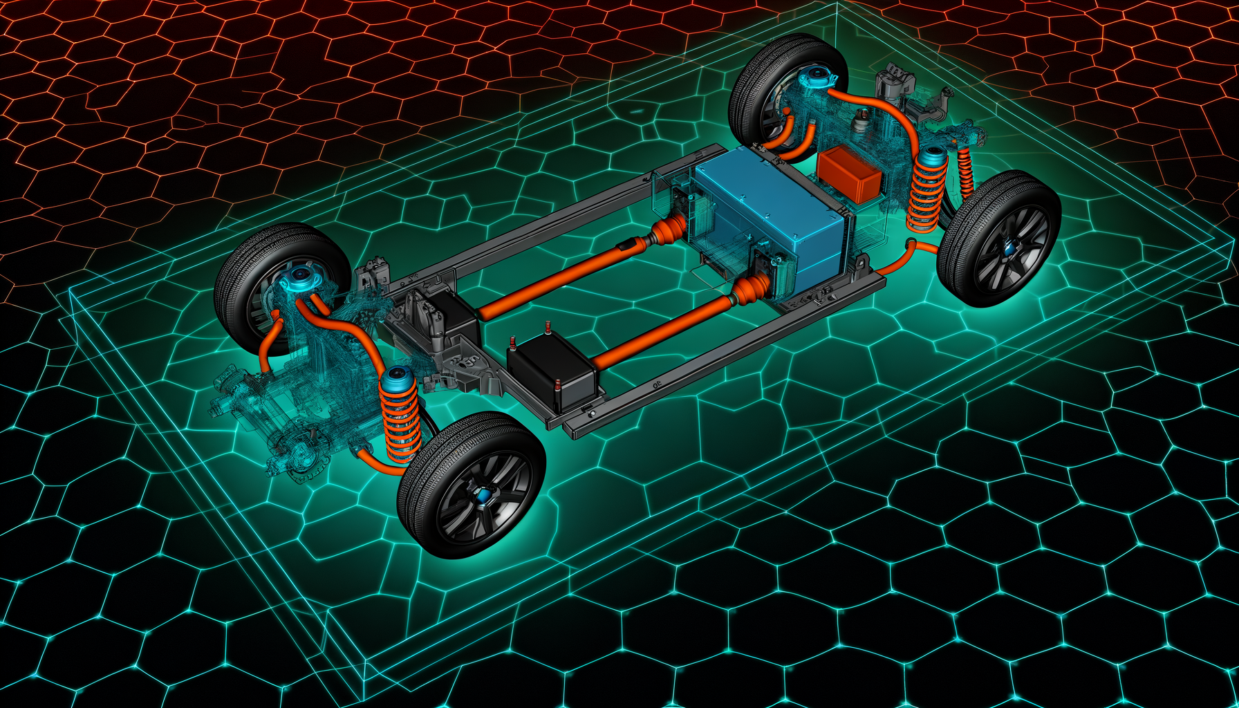 Illustration af Teslas elektriske drivlinje med batteri og motorkomponenter