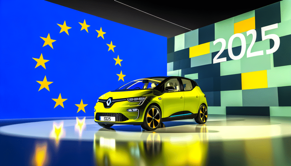 Elektrisk konceptbil fra Renault præsenteret foran EU-flag og årstallene 2025