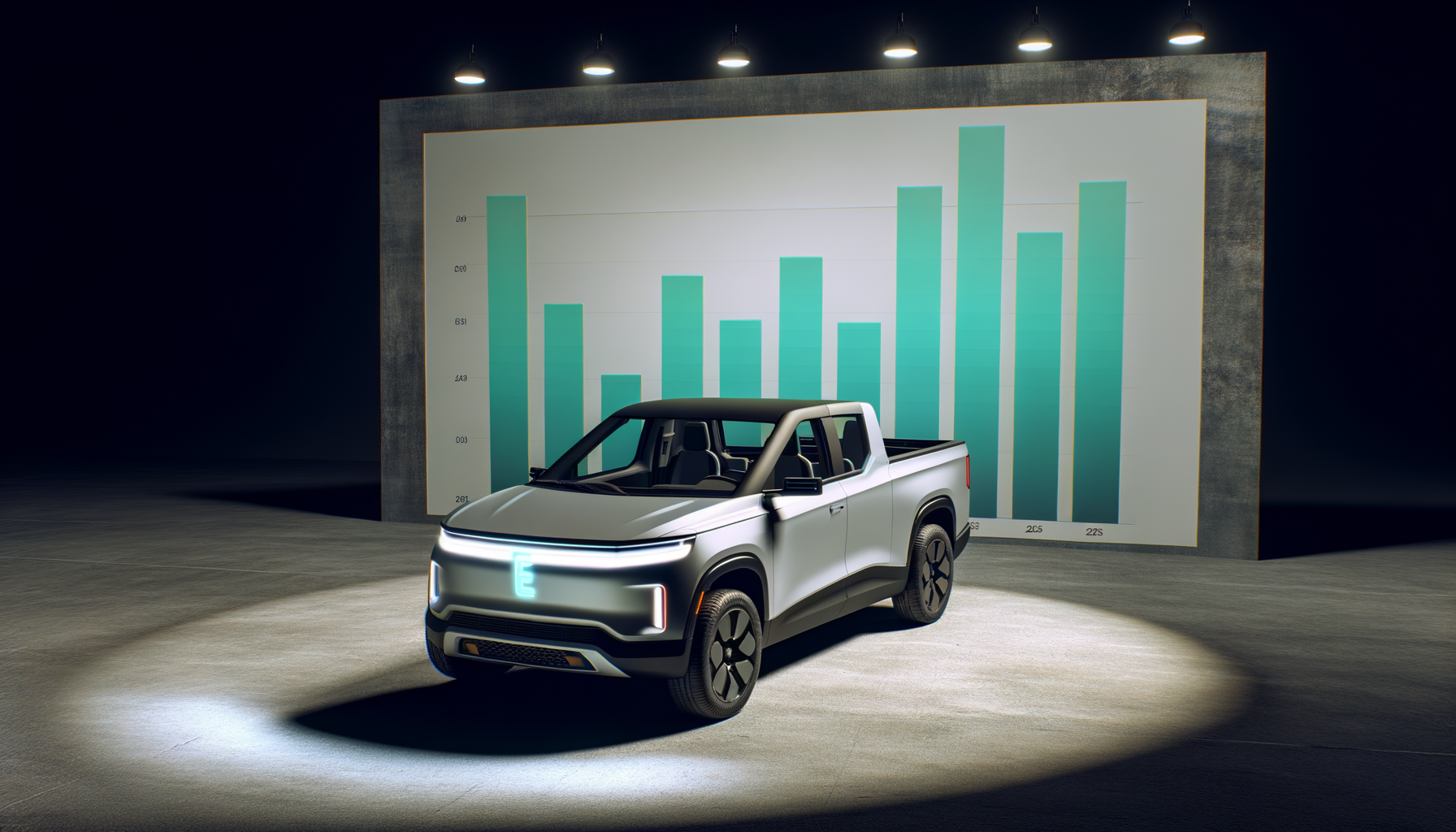 Elektrisk pickup truck foran en graf, der viser Teslas salgsfremskridt