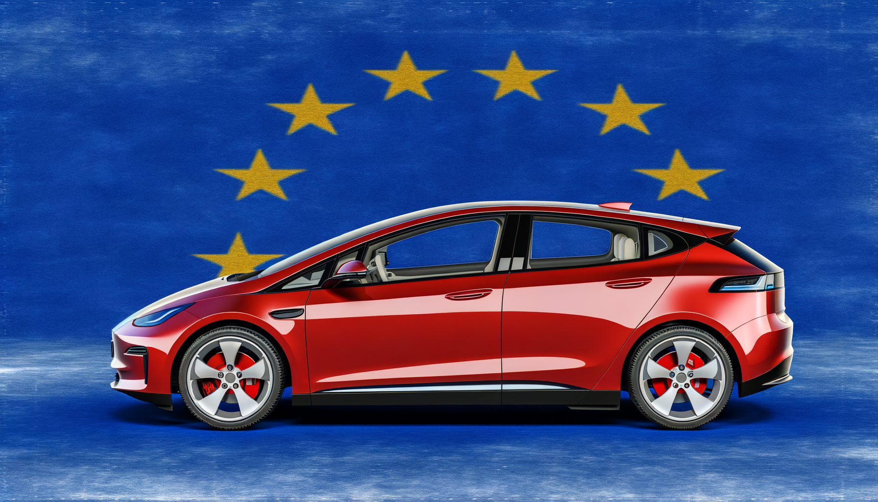 Rød Tesla foran EU-flaget som symboliserer elektriske bilers fremtid i Europa