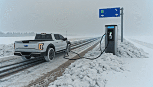 Elektrisk pickup truck oplader ved ladestation på snedækket vej