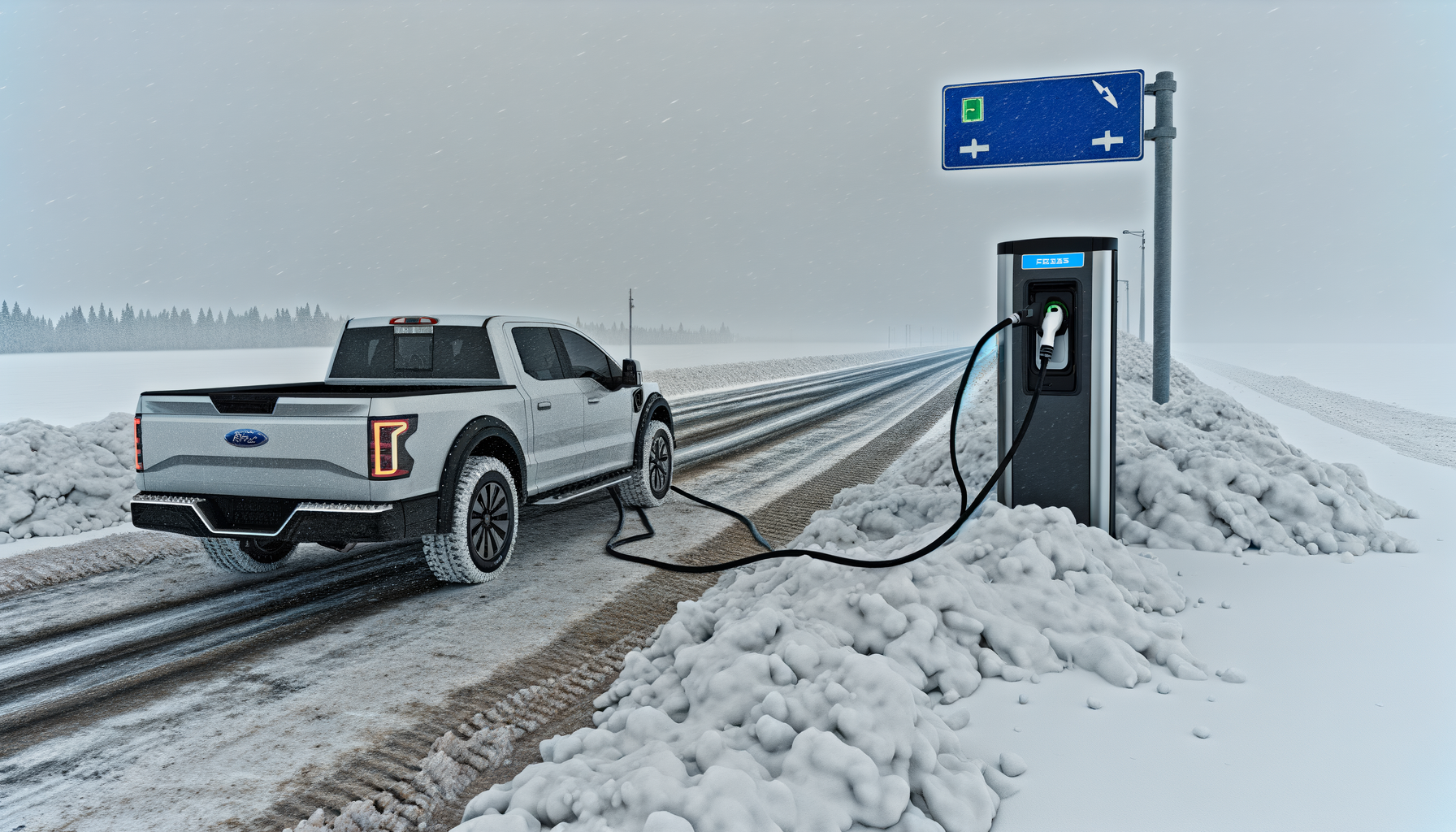 Elektrisk pickup truck oplader ved ladestation på snedækket vej