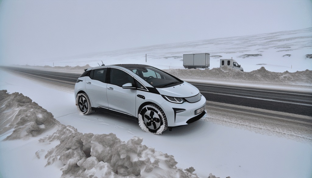 Elektrisk bil i snefuldt landskab med lastbil i baggrunden