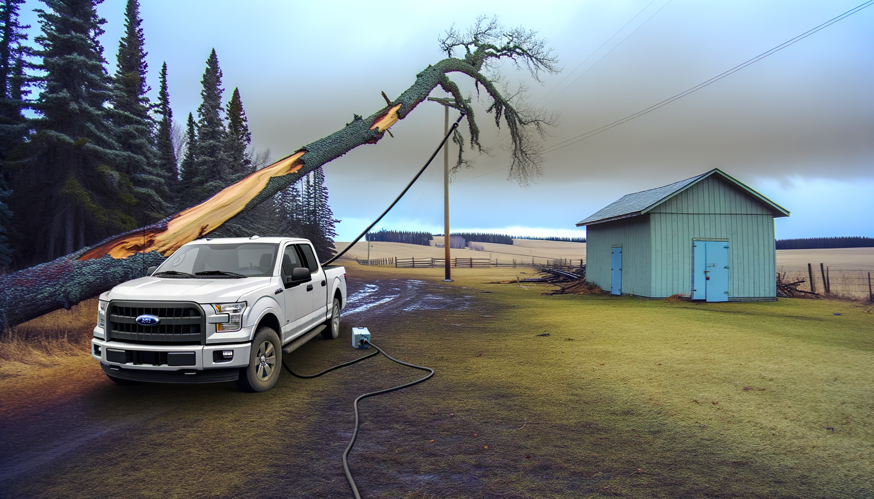 En pickup truck bliver ladet op ved hjælp af en faldet træstamme tilsluttet en transformerstation på en mark.