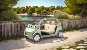 Retro-inspireret elektrisk minicruiser parkeret ved en solrig kystlinje