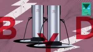 To BYD ladestationer mod en baggrund af elektroniske kredsløb og Breakthrough Award 2026 mærkat