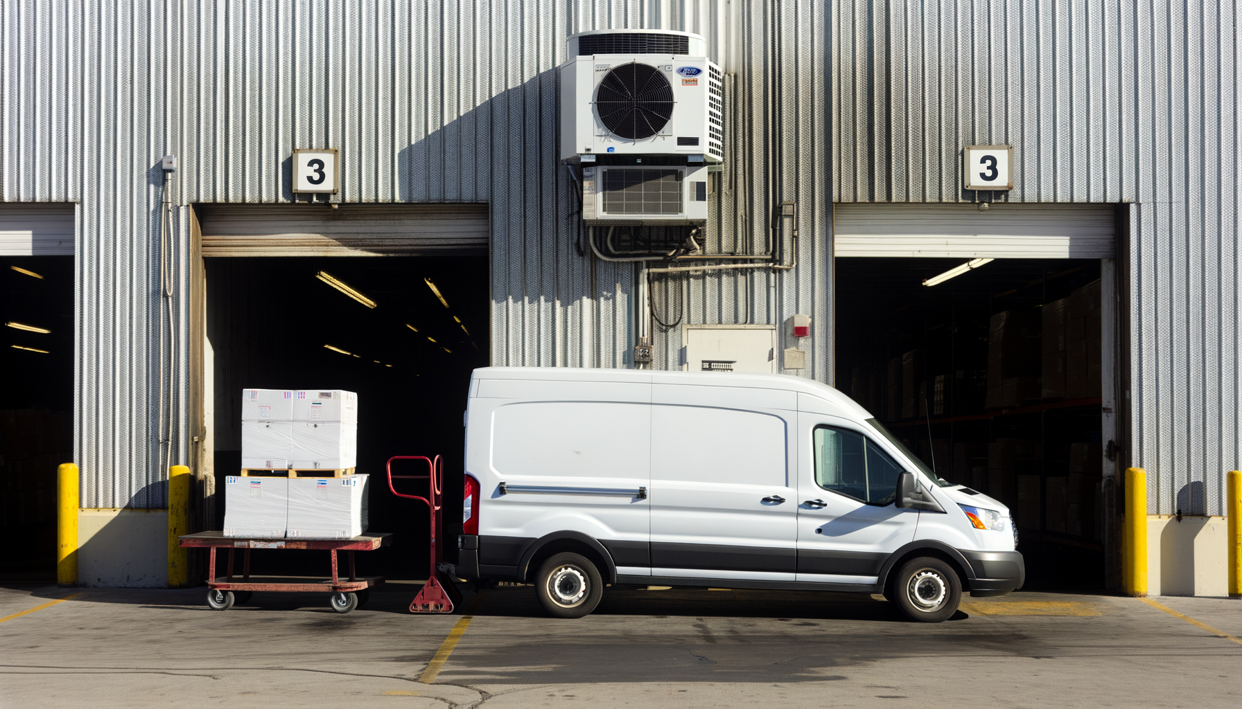 Hvid varevogn ved en lagerdør med stablede kasser på en vogn
