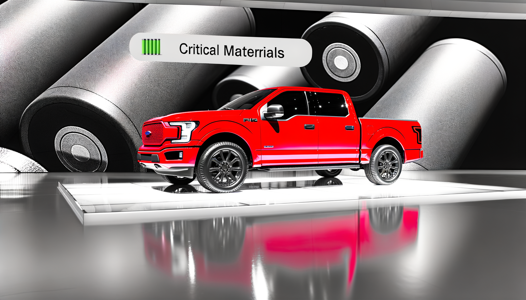 Rød elektrisk pickup truck på baggrund af store batterier med teksten 'Critical Materials' ovenfor.