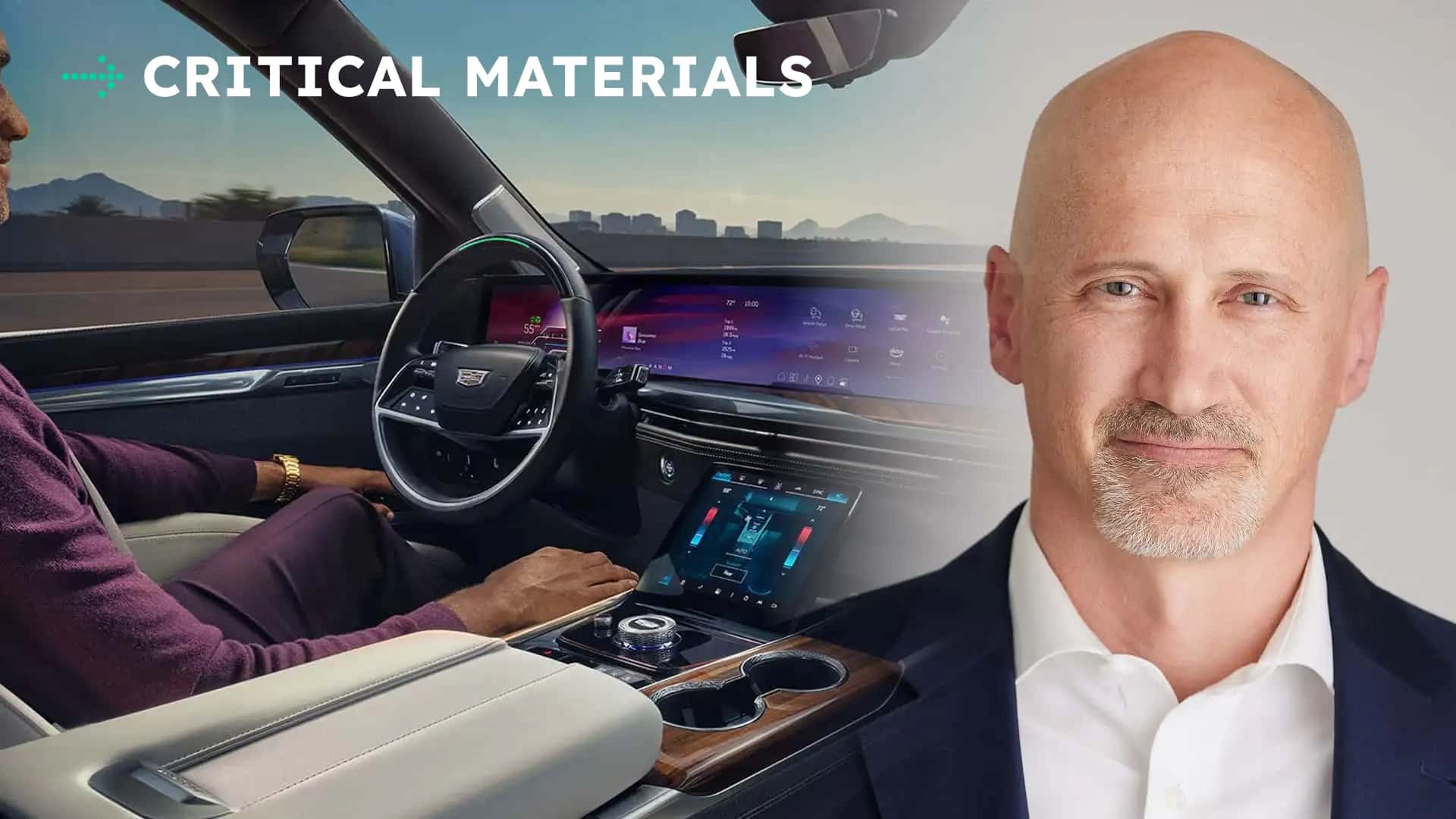 Interiør af moderne elbil med stor display-skærm og fører ved rattet, tekst 'Critical Materials'.