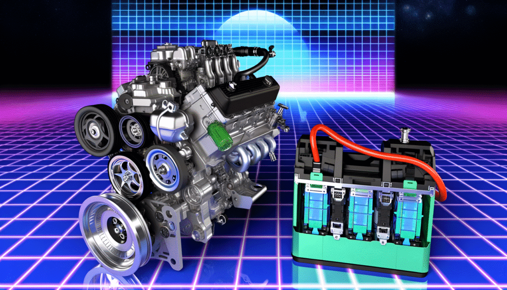Futuristisk illustration af en elektrisk motor og batteri i neon-grid design