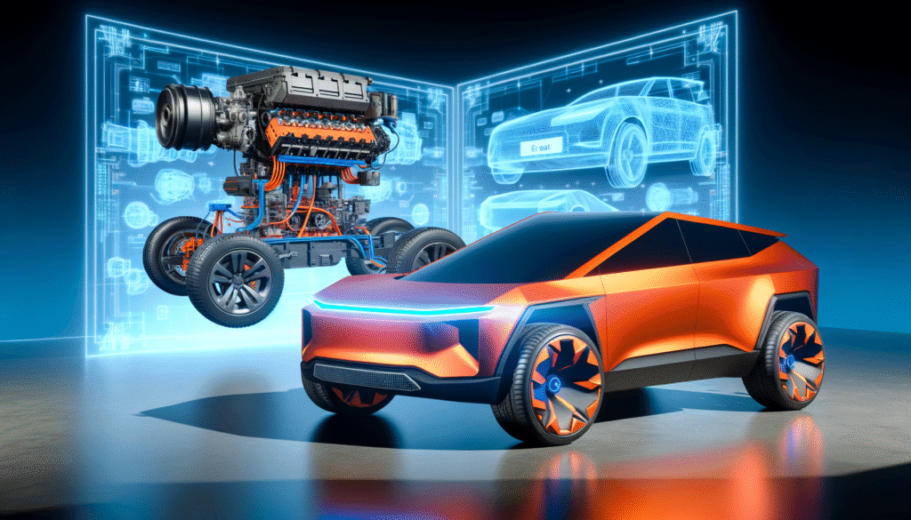 Konceptbillede af futuristisk elbil og teknologisk motorindretning