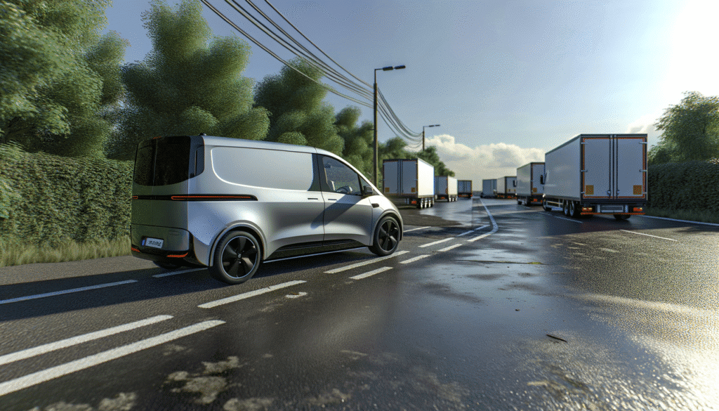 Elektrisk varevogn på regnvåd landevej med flere lastbiler i baggrunden