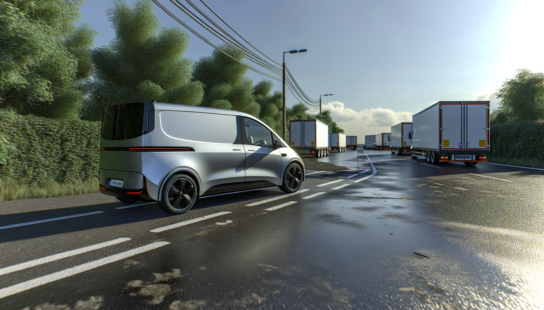 Elektrisk varevogn på regnvåd landevej med flere lastbiler i baggrunden