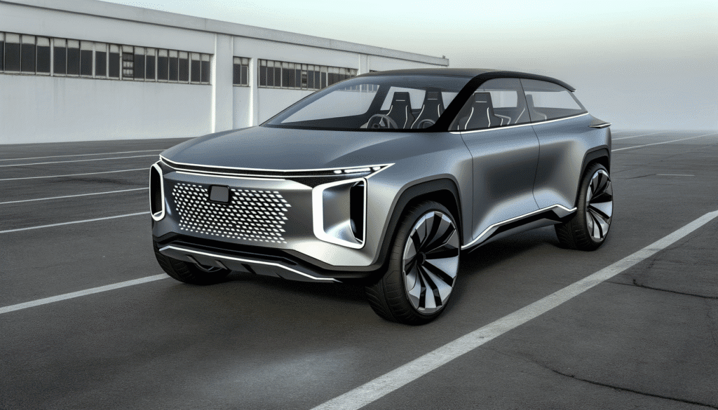 Futuristisk elektrisk bil med strømlinet design på en tom parkeringsplads