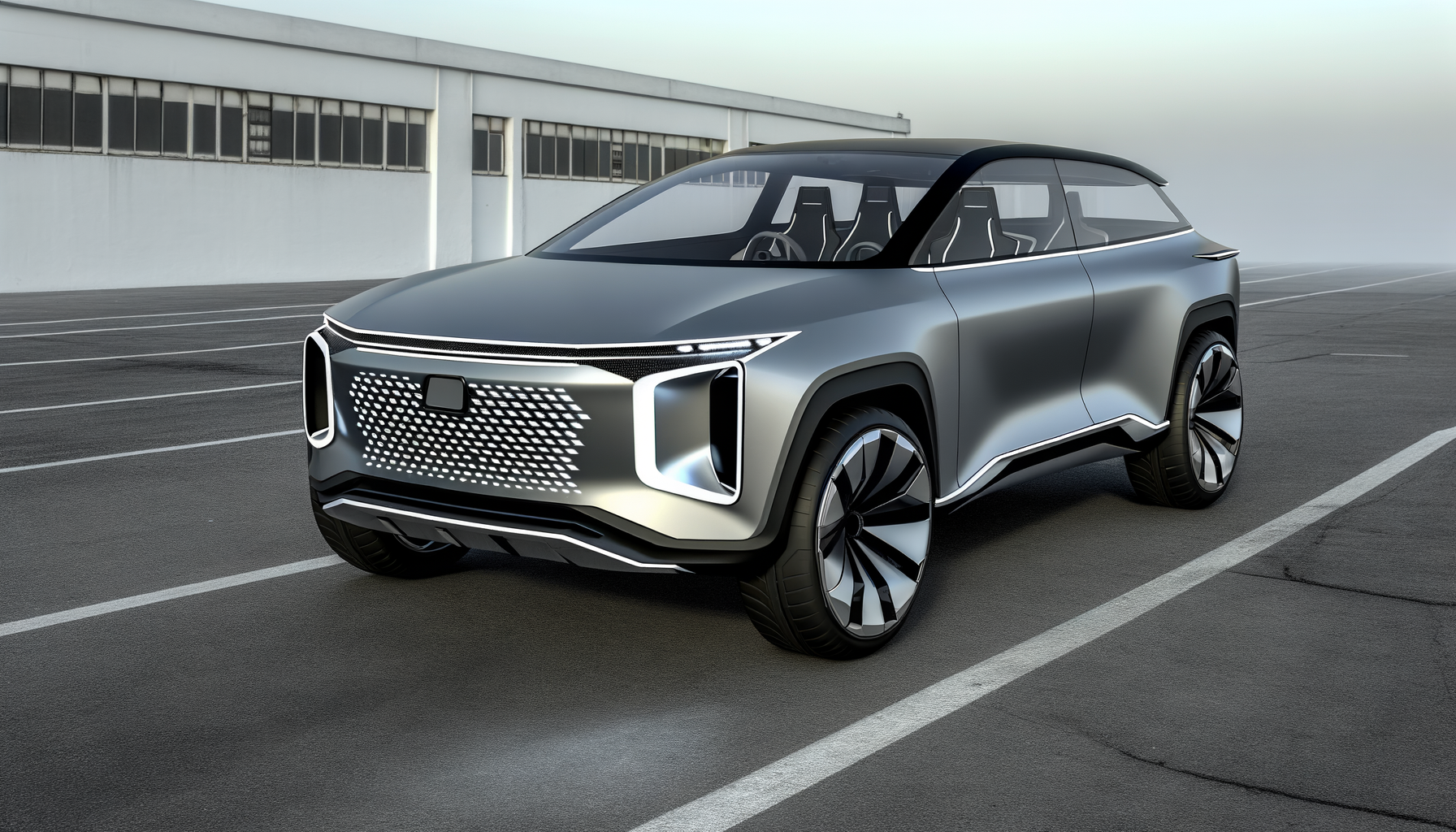 Futuristisk elektrisk bil med strømlinet design på en tom parkeringsplads