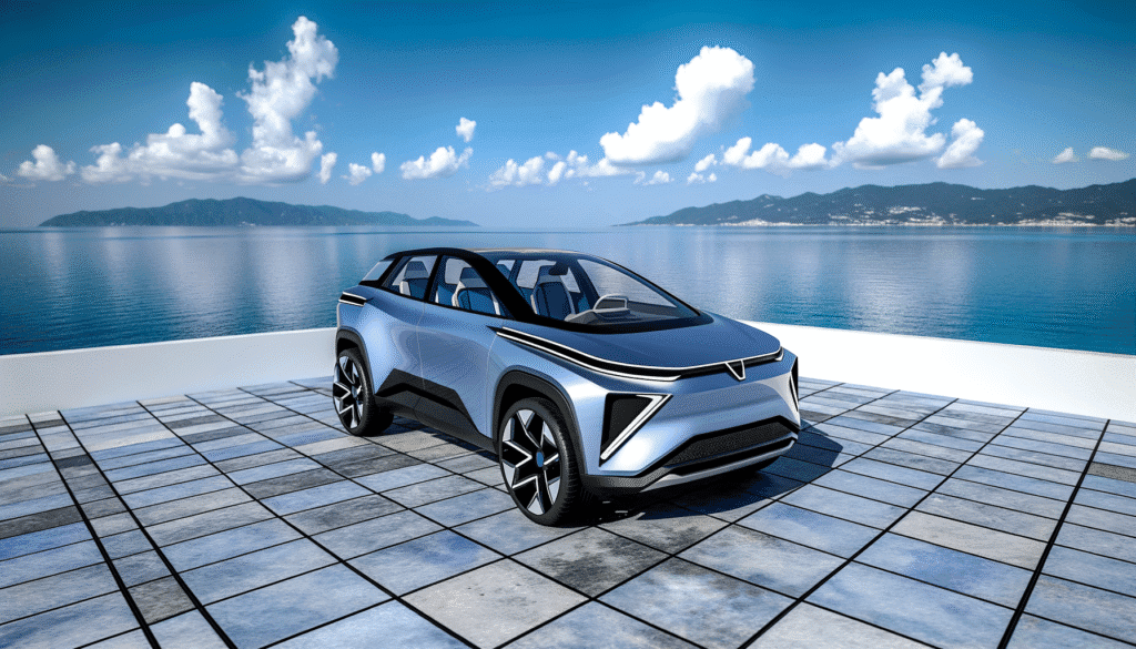 Futuristisk elbil foran en smuk havudsigt
