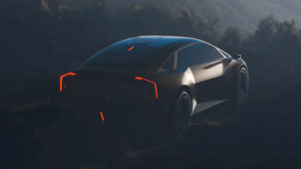 Futuristisk elektrisk bil med avanceret aerodynamisk design og lysende detaljer i landskabet