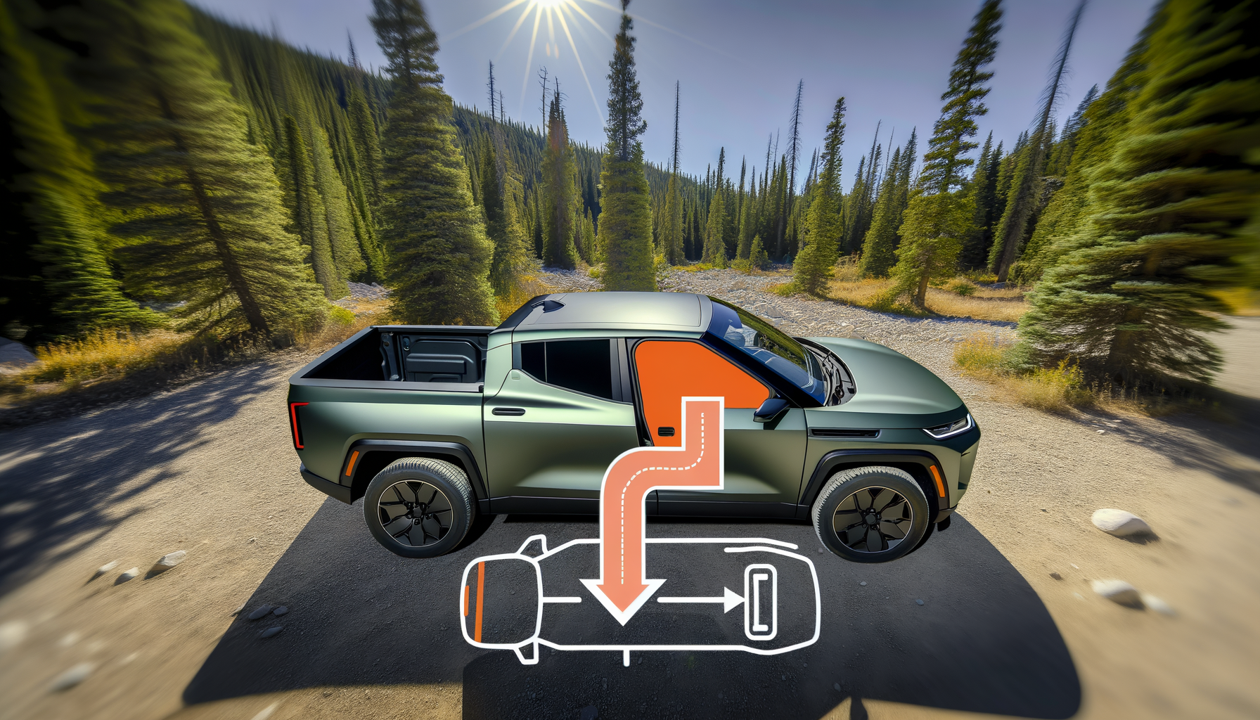 Elektrisk pickup-truck fra side med grafik, der viser batteriets placering under køretøjet i en skovrig scene under solskin
