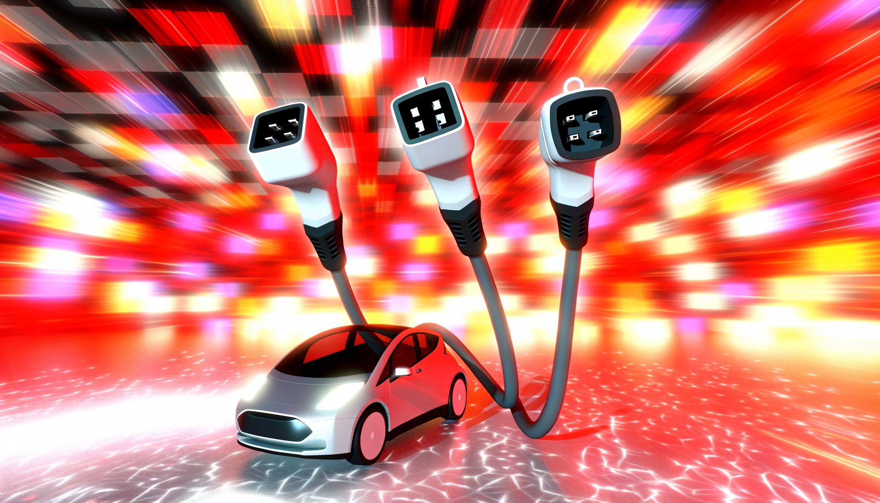 Elektrisk bil opladning med futuristiske kabler mod farverig baggrund