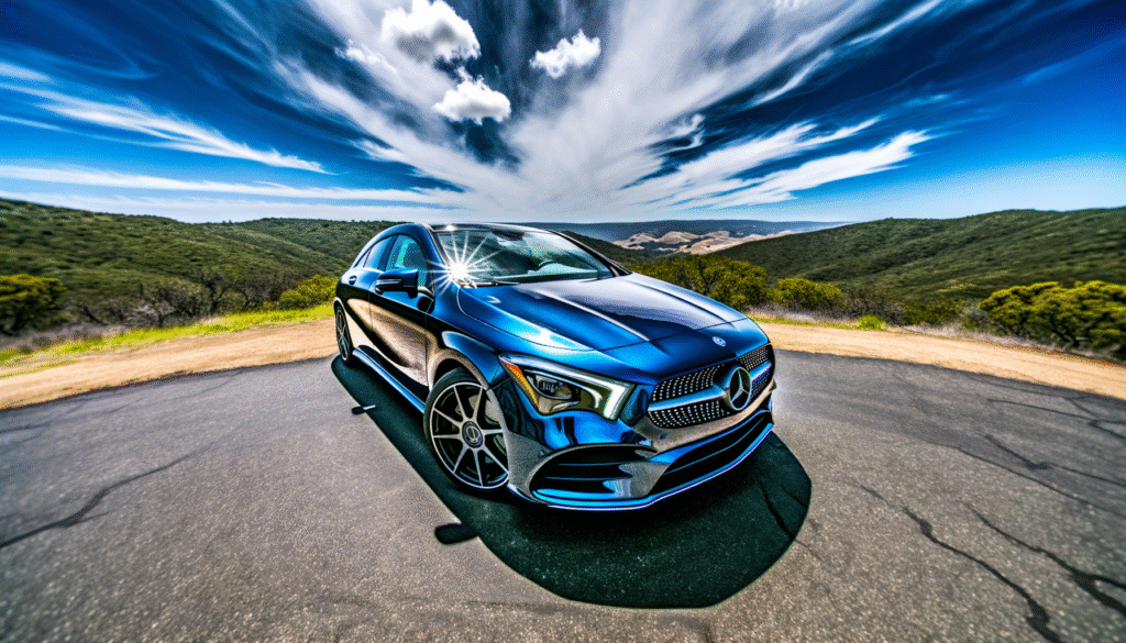 Skinnende blå Mercedes bil parkeret i naturskønt bakkelandskab under dramatisk himmel