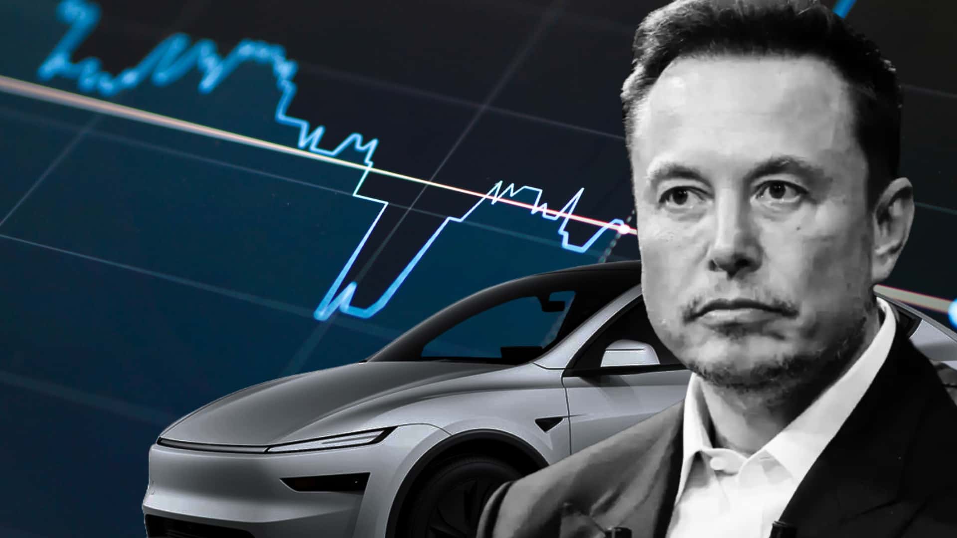 Billede af en mand foran en Tesla bil med en finansiel graf i baggrunden