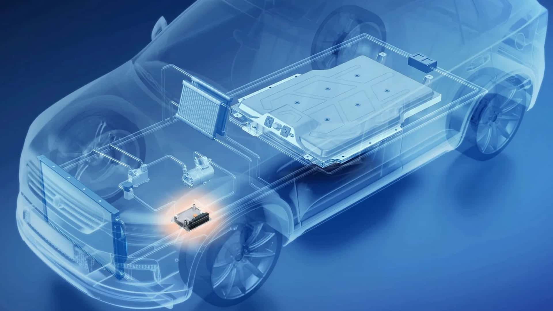 Diagram af Tesla's elektriske drivsystem med batteri og elektronik i transparent bil