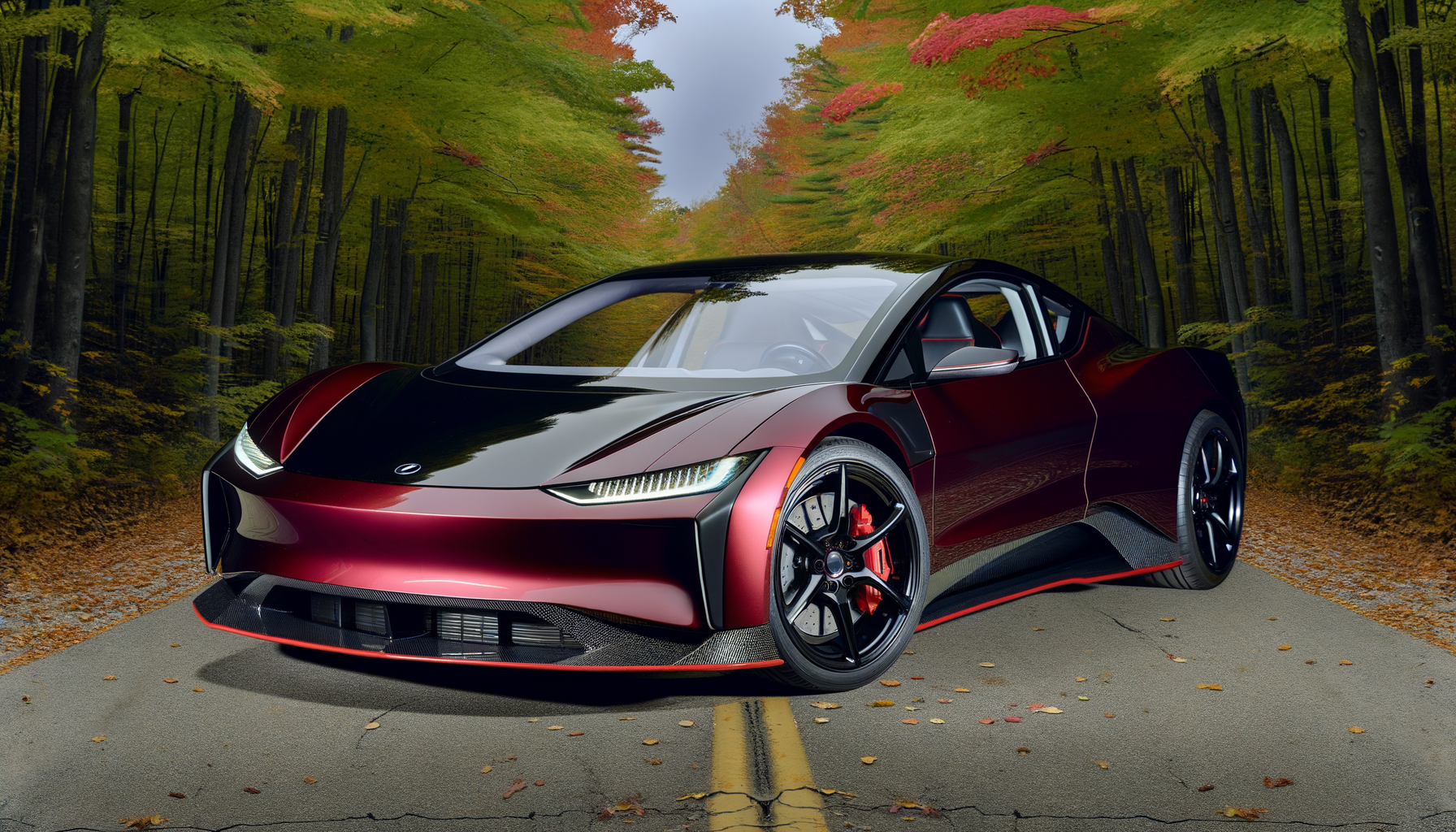 Elektrisk sportsvogn på en skovvej i efterårslandskab