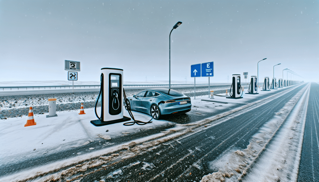 Tesla bil oplader ved ladestation i vinterlandskab