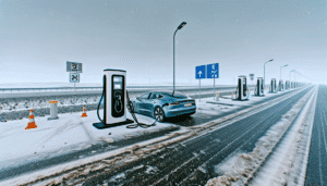 Tesla bil oplader ved ladestation i vinterlandskab
