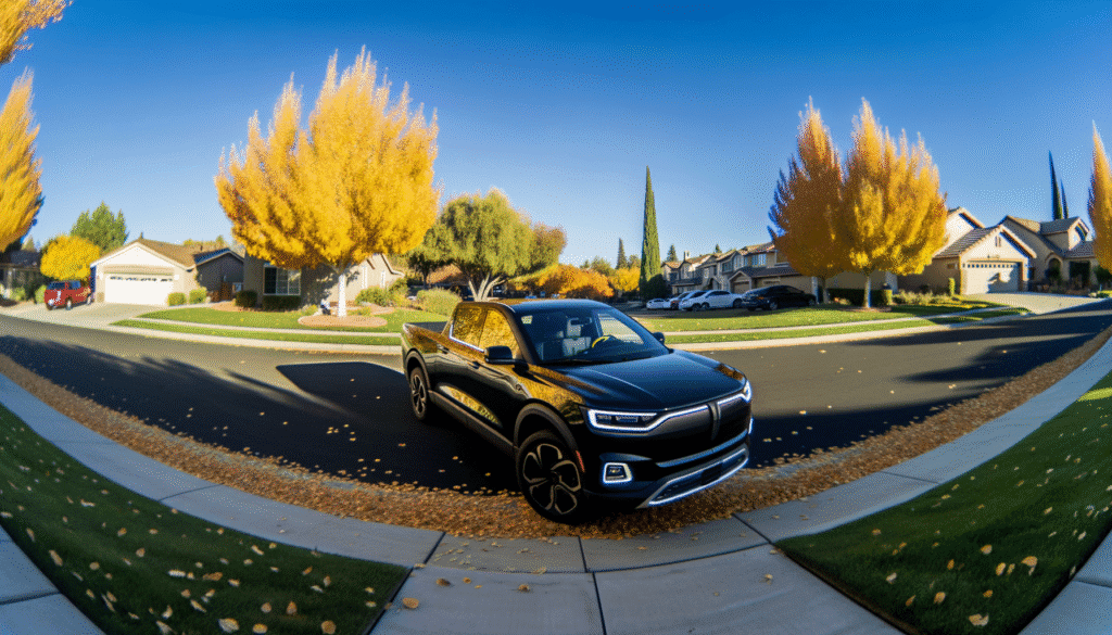 Elektrisk pickup truck parkeret i et villakvarter med efterårstræer