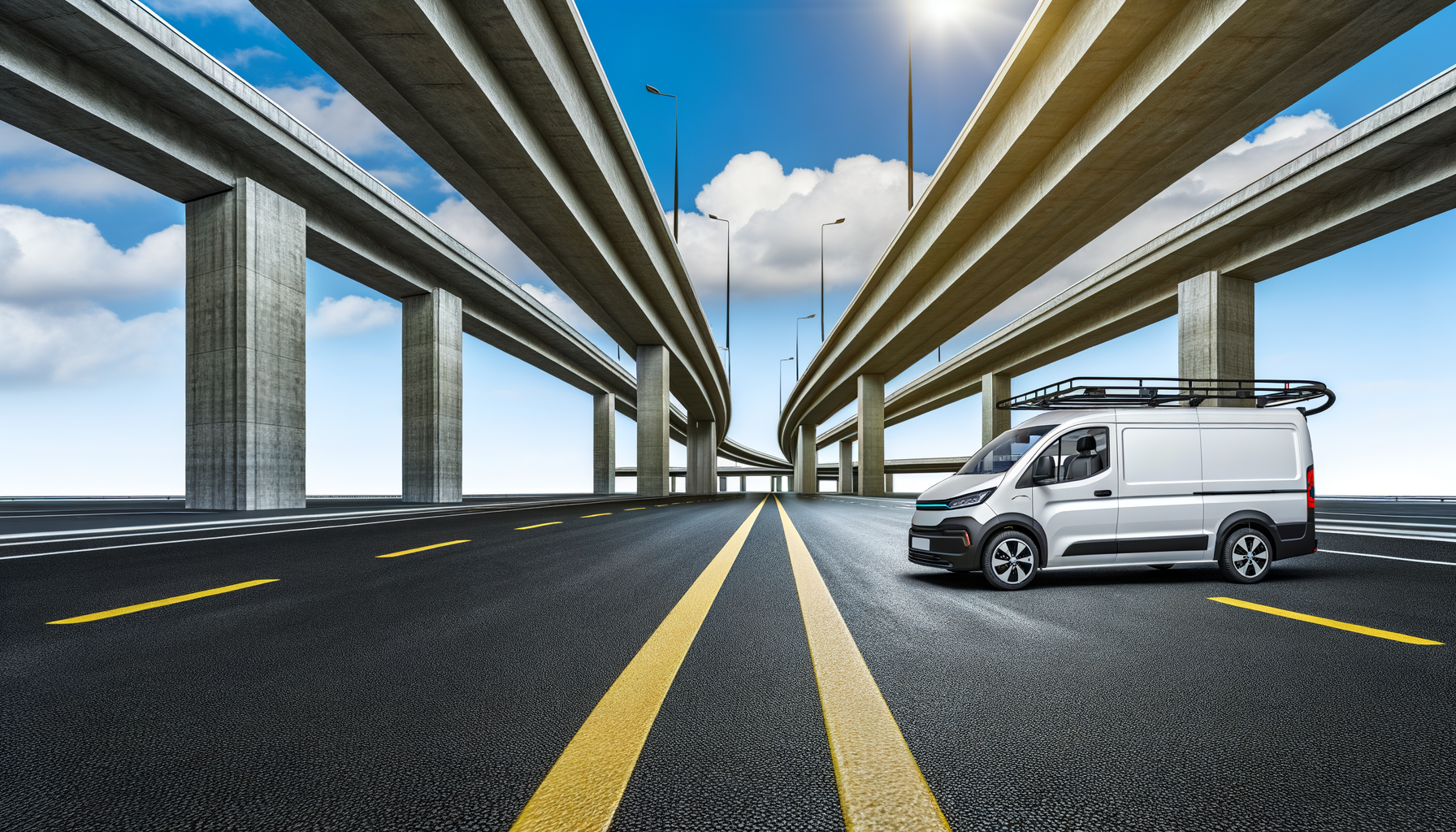 Hvid elektrisk varevogn på moderne motorvej under flere broer mod en klar blå himmel