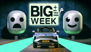 Elektrisk bil foran skilt med 'Big Tech Week', omgivet af emoji-skulpturer