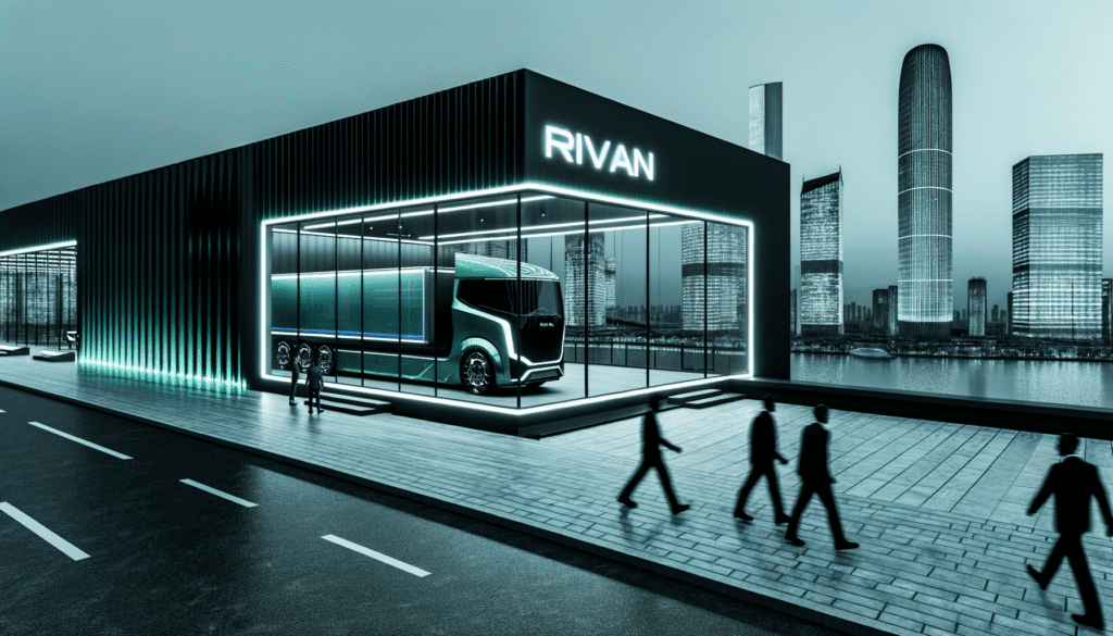 Moderne elektrisk lastbil i glasfacade med bybillede i baggrunden