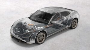 Transparent bil med elektrisk motor og batterikomponenter vises
