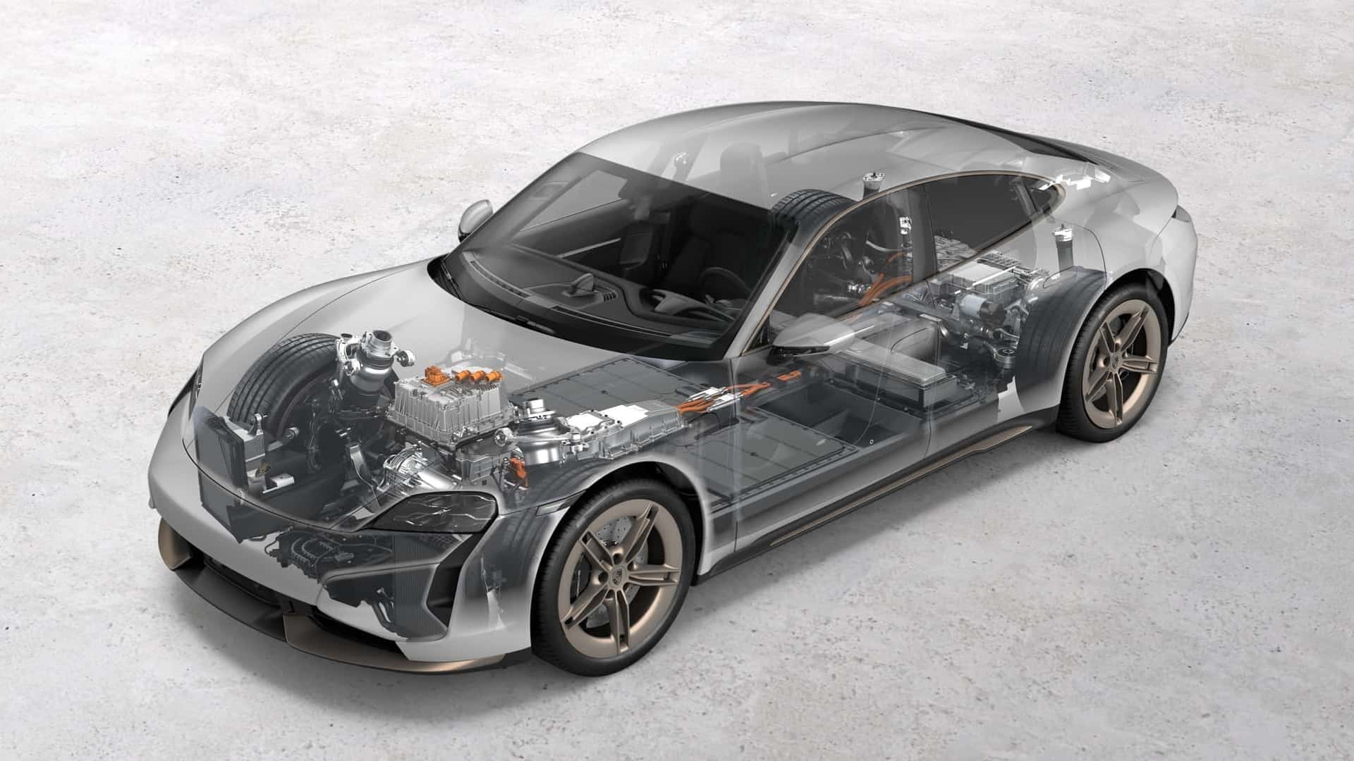 Transparent bil med elektrisk motor og batterikomponenter vises