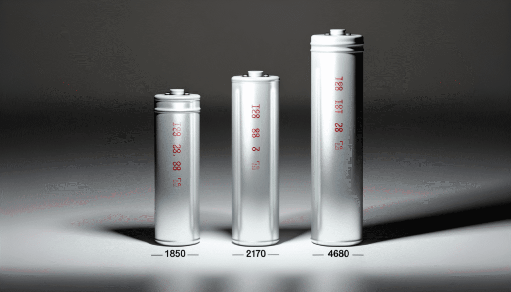 Tre Tesla battericeller, modellerne 18650, 2170 og 4680, præsenteret i forskellige størrelser