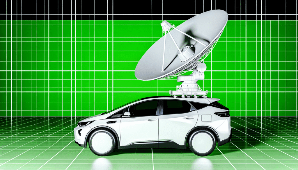 Futuristisk elektrisk bil med stor satellitantenne på grøn digital baggrund