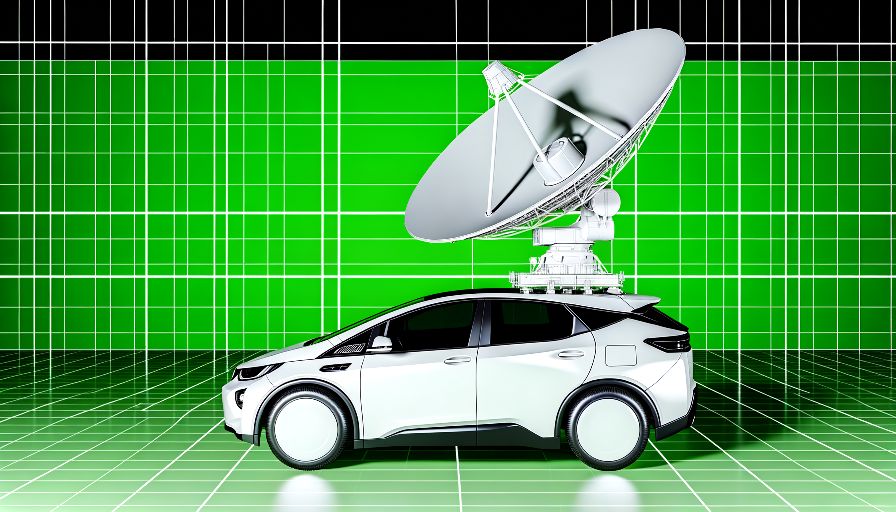 Futuristisk elektrisk bil med stor satellitantenne på grøn digital baggrund