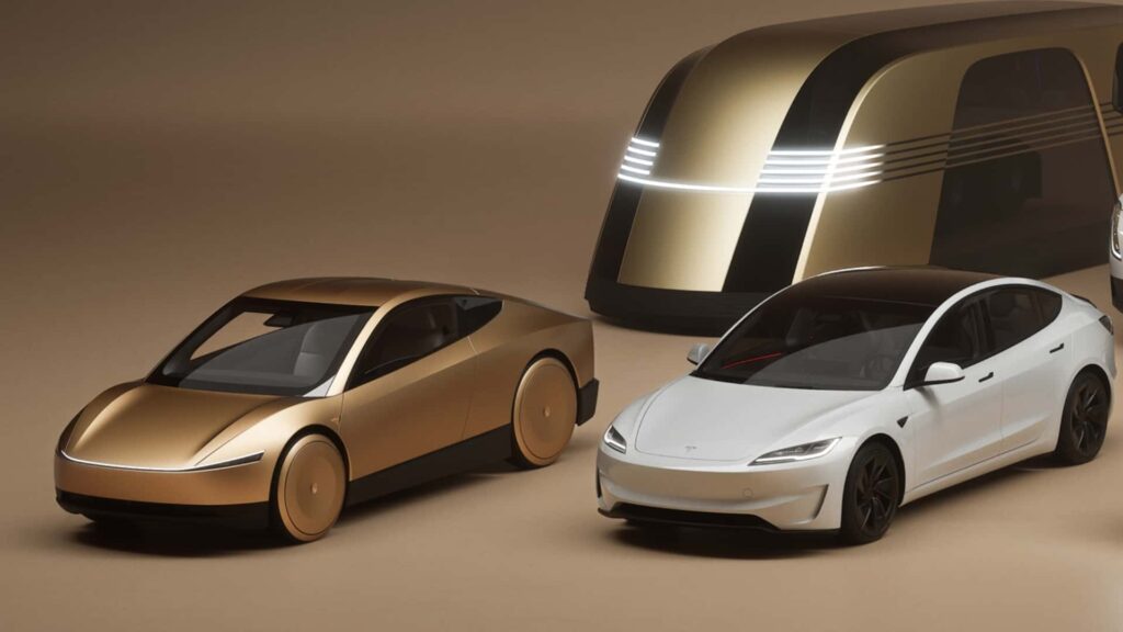 Futuristiske Tesla-konceptbiler og tilbehør i guld og hvid