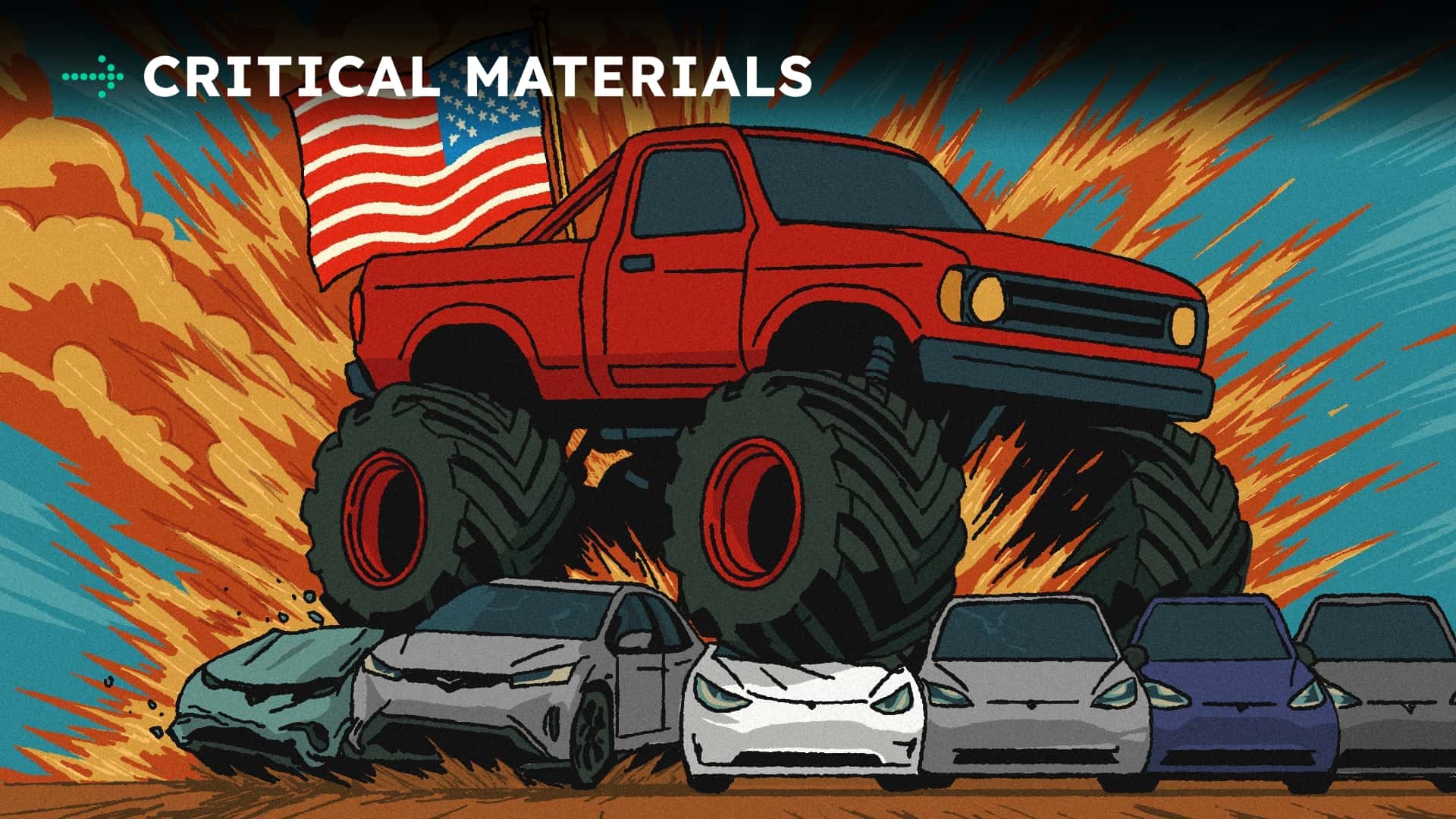 Tegning af en stor monstertruck, der kører over mindre biler med Amerikansk flag i baggrunden