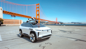 Hvid elektrisk SUV foran Golden Gate Bridge på en solrig dag