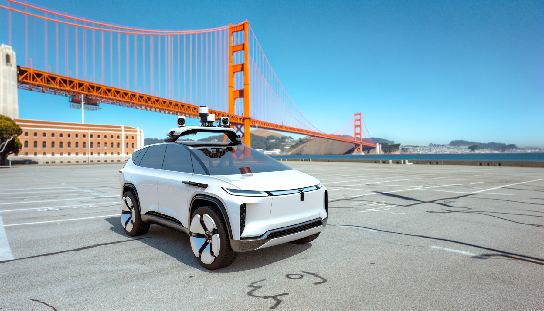 Hvid elektrisk SUV foran Golden Gate Bridge på en solrig dag