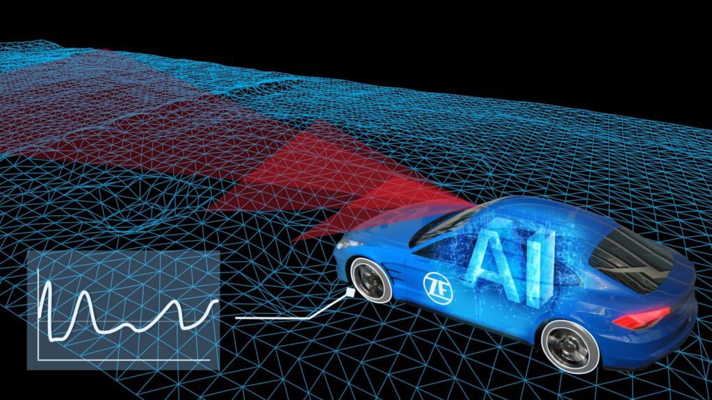 Illustration af en selvkørende bil med AI-teknologi, der scanner omgivelserne