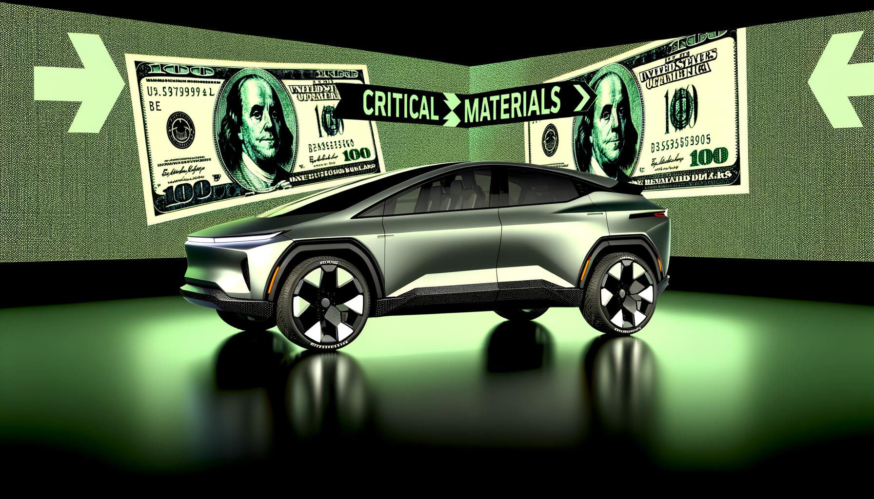 Futuristisk elbil med dollartegninger og teksten 'Critical Materials' i baggrunden