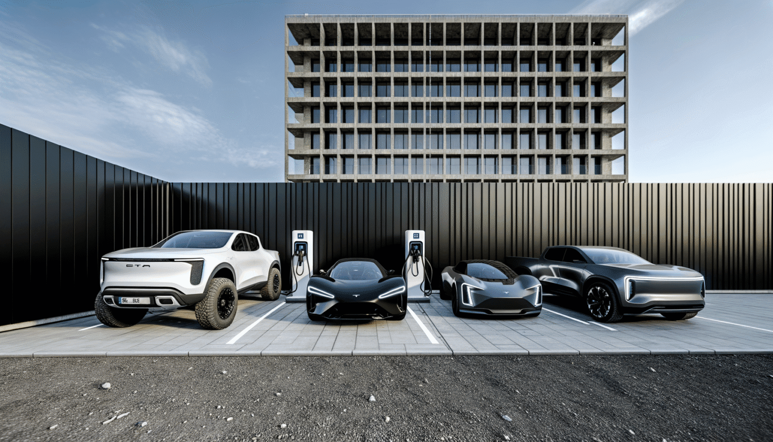 Tre elektriske biler ved ladestation med moderne bygning i baggrunden