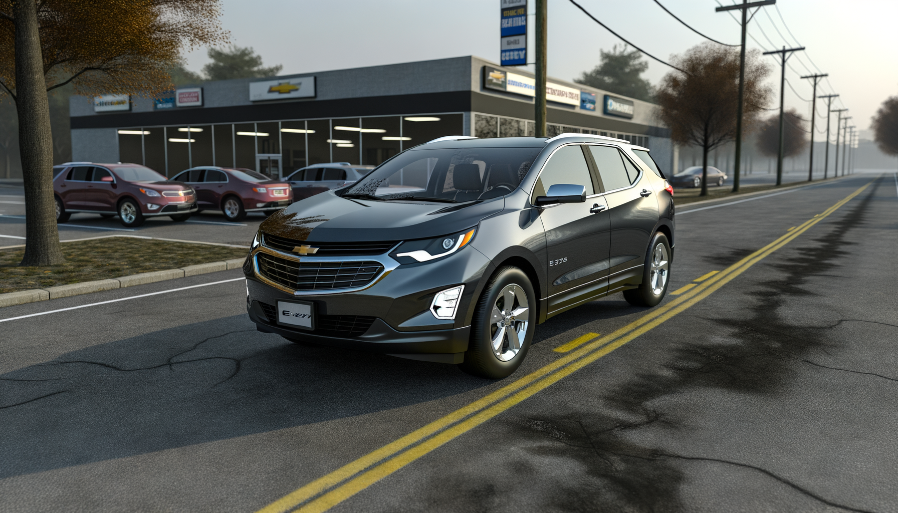 Moderne sort elbil parket foran en bilforhandler