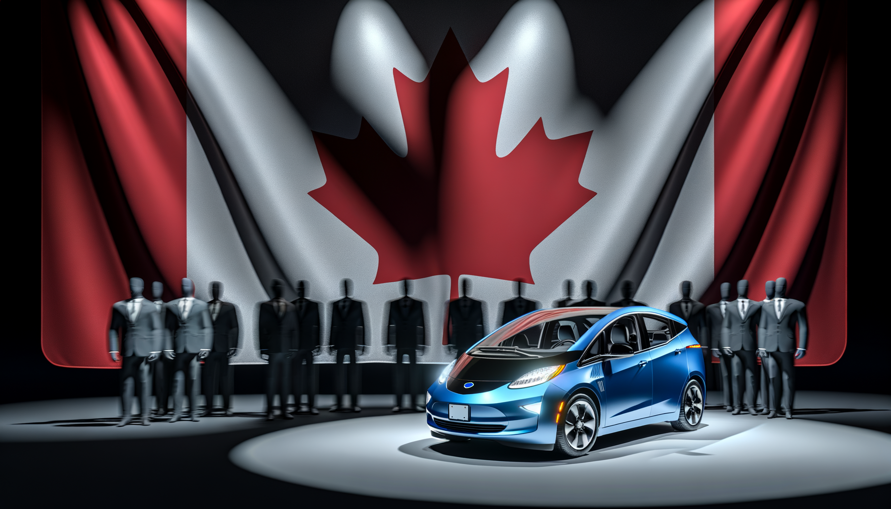 Blå Tesla-model udstillet foran stort canadisk flag med silhuetter af forretningsfolk i baggrunden.