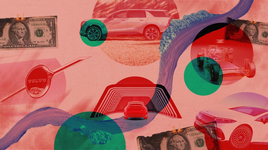 Kreativt collage med biler, penge og teknologi, symboliserer fremtidens elektriske transport