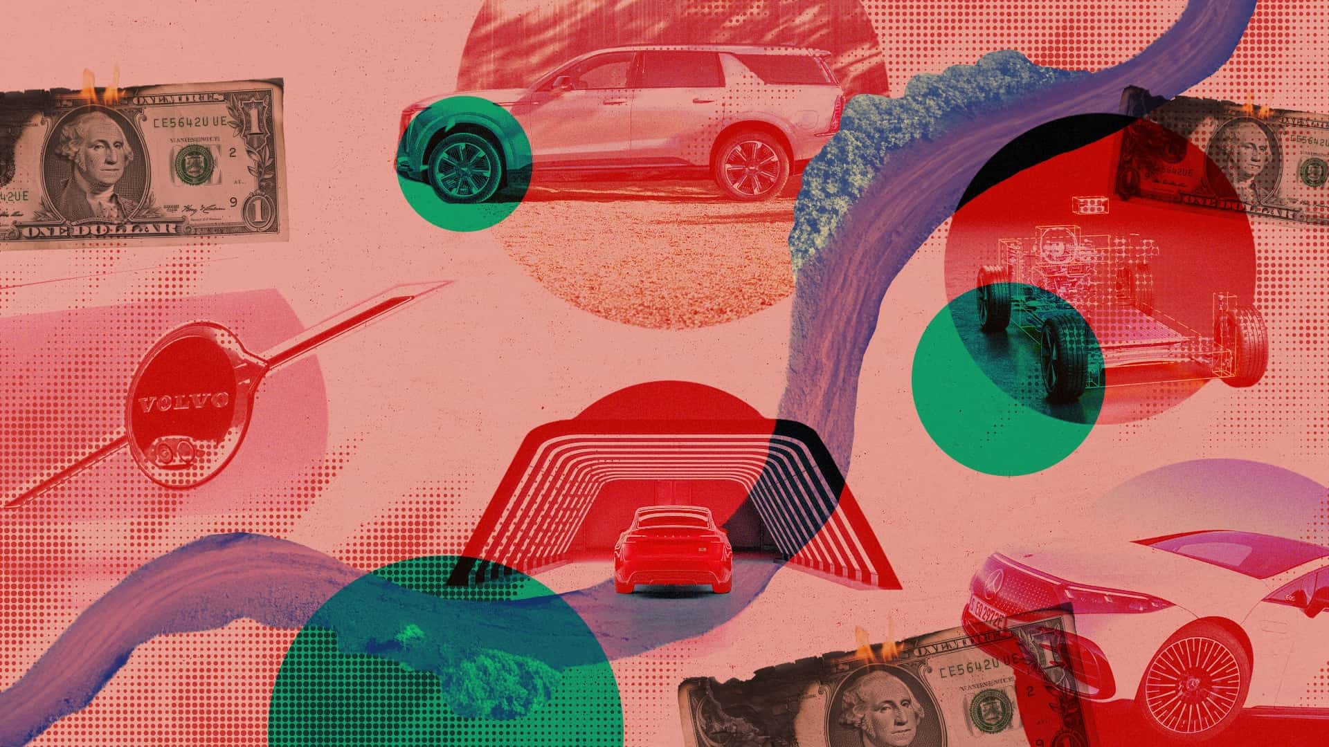 Kreativt collage med biler, penge og teknologi, symboliserer fremtidens elektriske transport